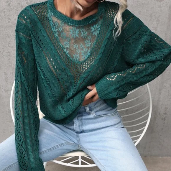 Cozy Floral Lace Mesh Knit Oversized Sweater Top - Picture 2 of 14
